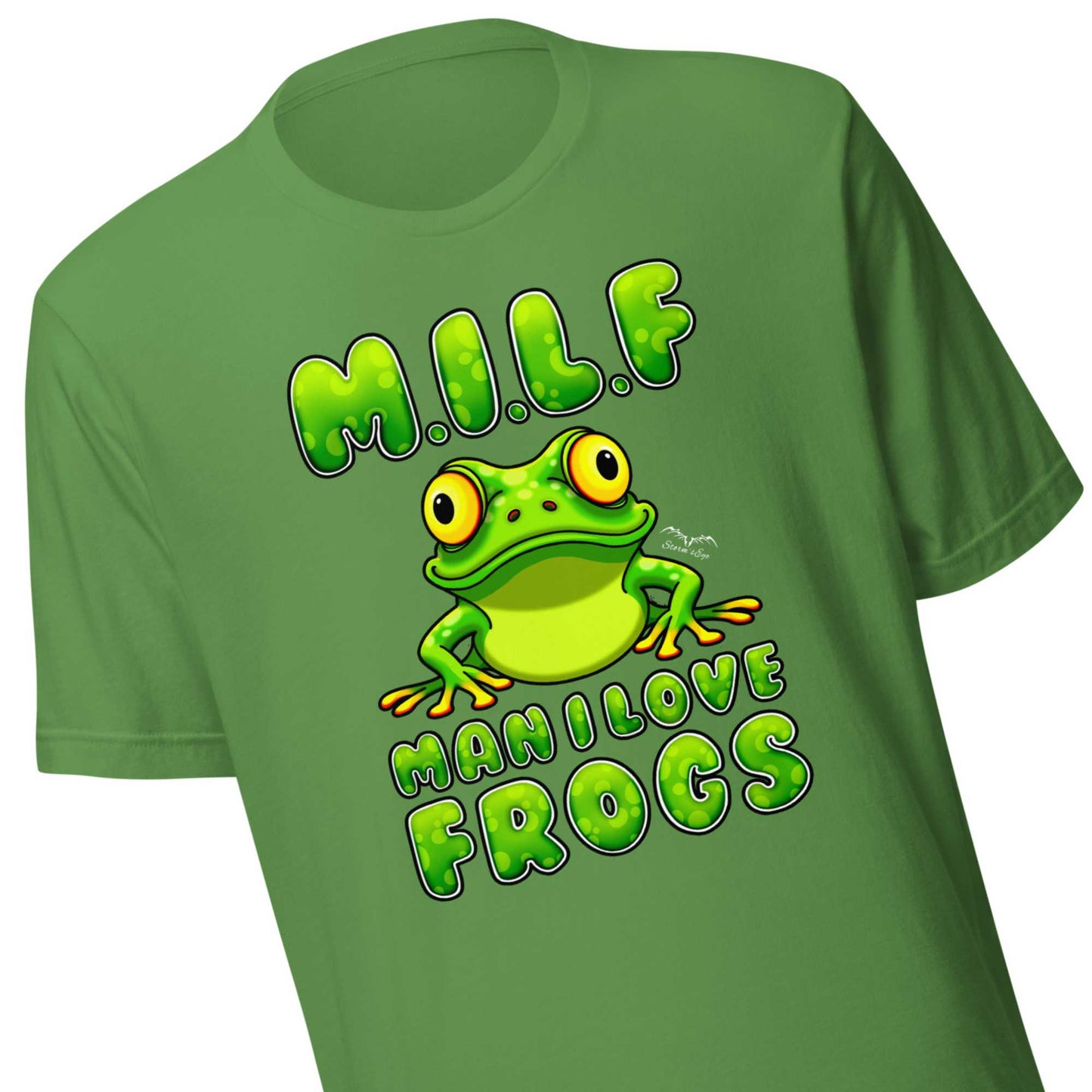 stormseye design milf man i love frogs T shirt, detail view leaf green