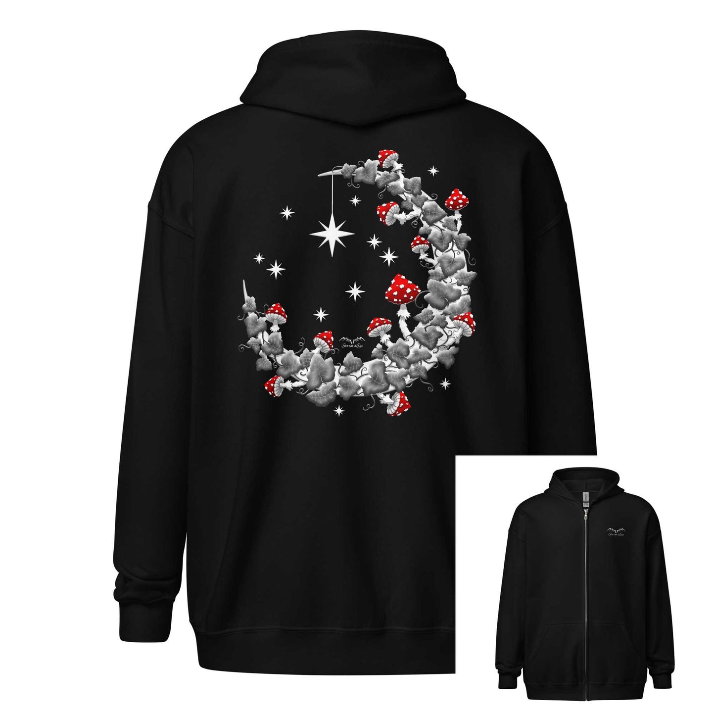 stormseye design mushroom moon back print zip hoodie, flat view, black