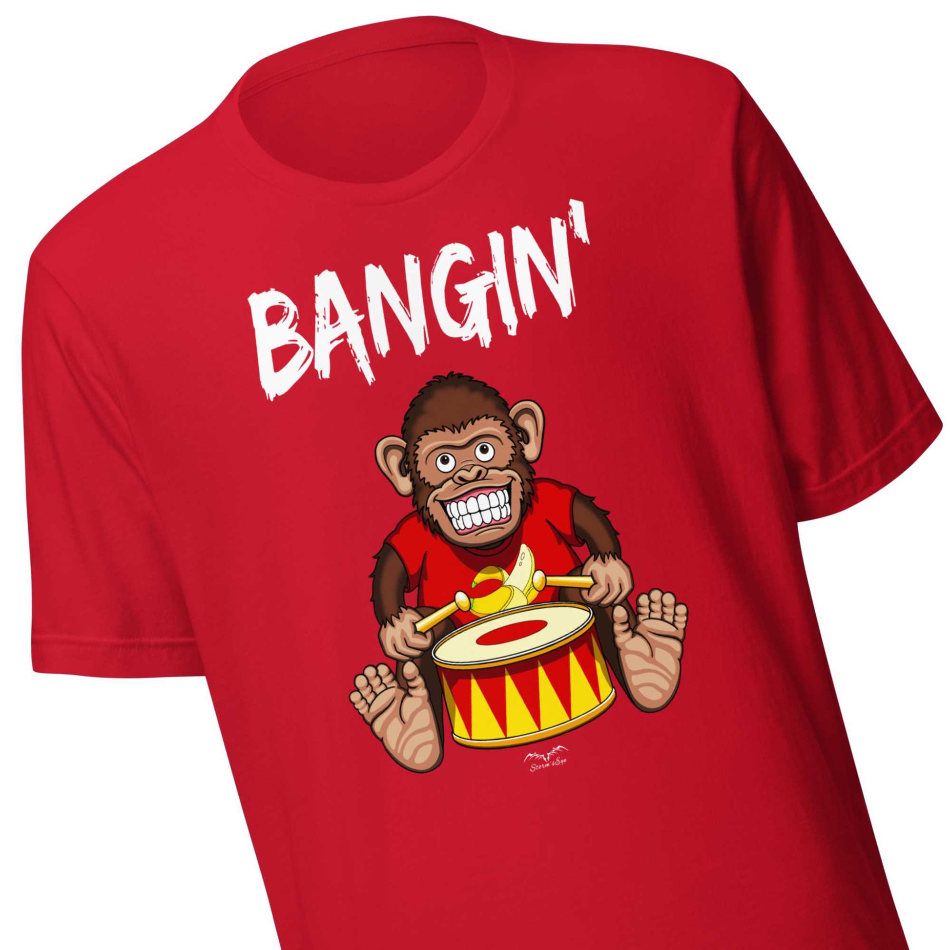 Bangin' drummer monkey T-shirt by Stormseye, bright red, zoom view