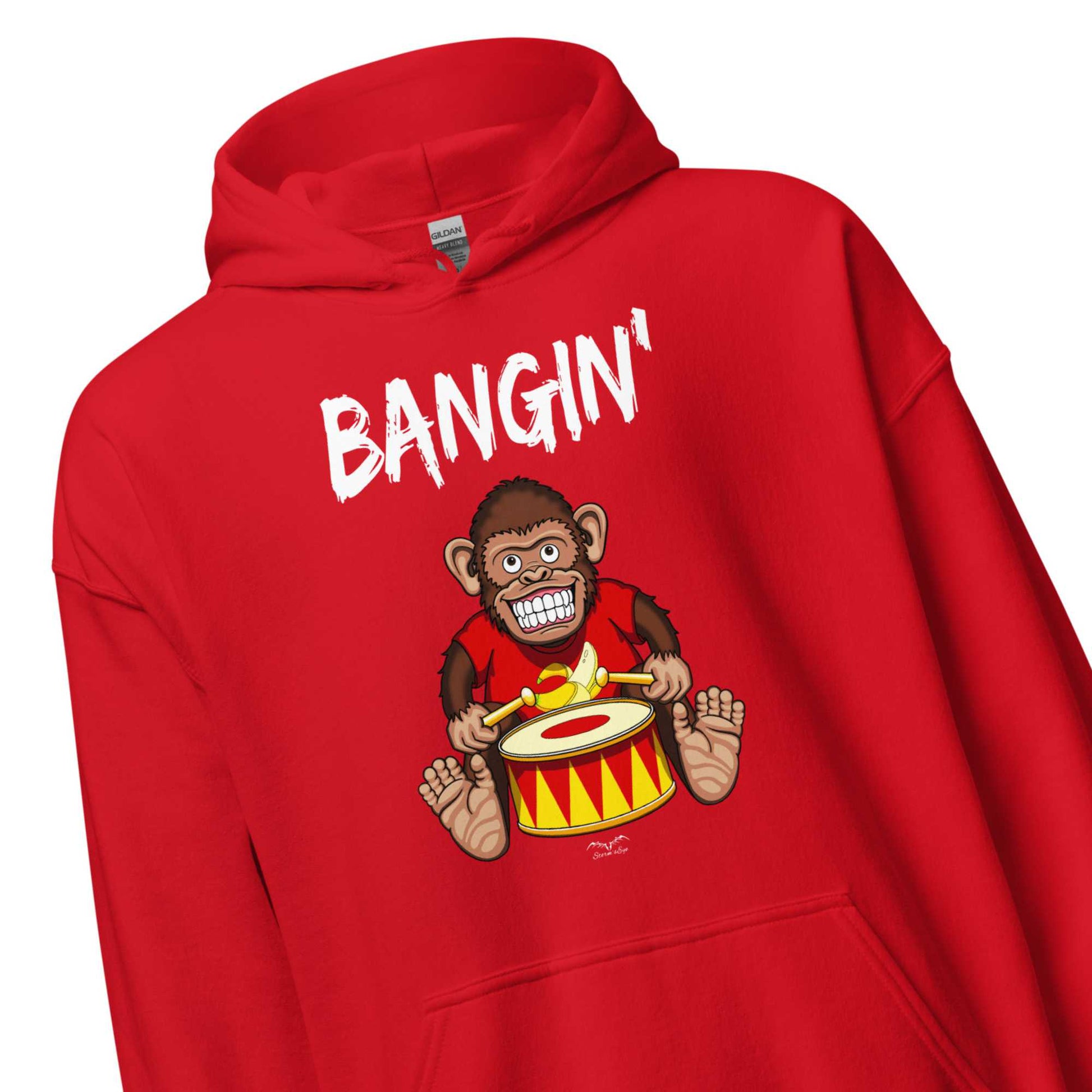 Bangin drummer monkey hoodie by Stormseye Design, bright red zoomed view