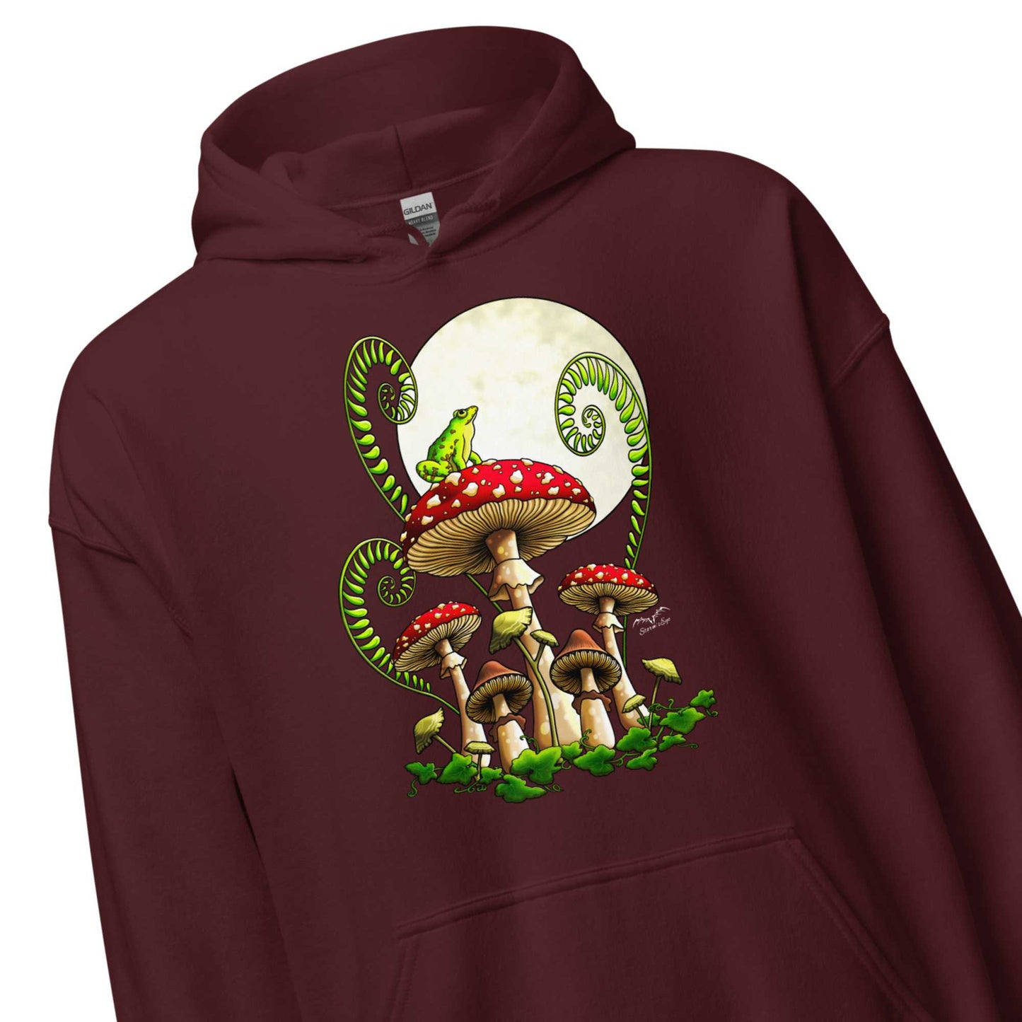 stormseye design moonlight mushrooms frog hoodie detail view maroon