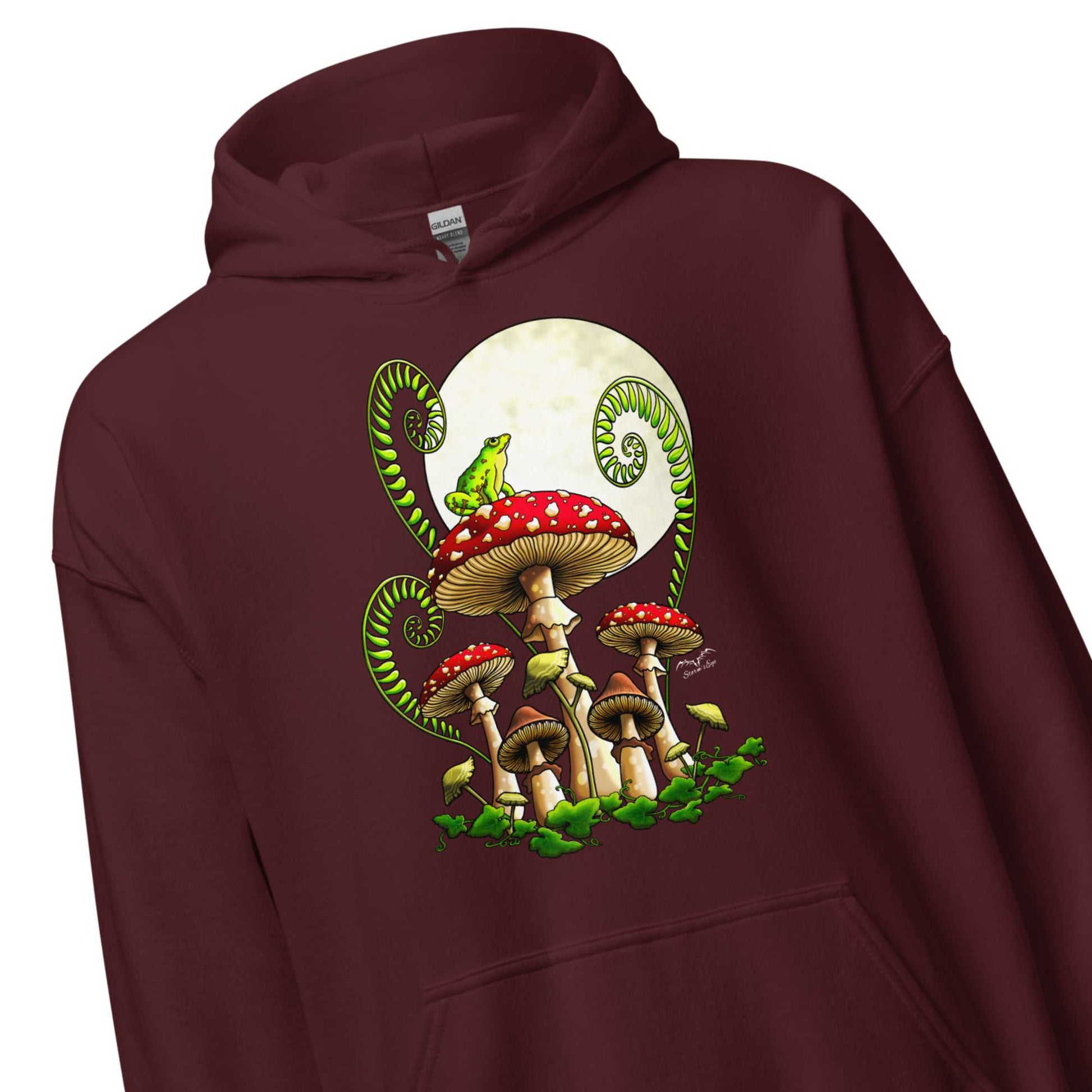 stormseye design moonlight mushrooms frog hoodie detail view maroon