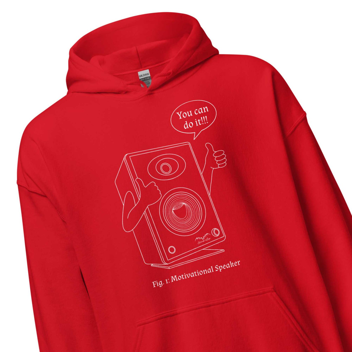 funny motivational speaker hoodie by Stormseye Design, red, zoom view