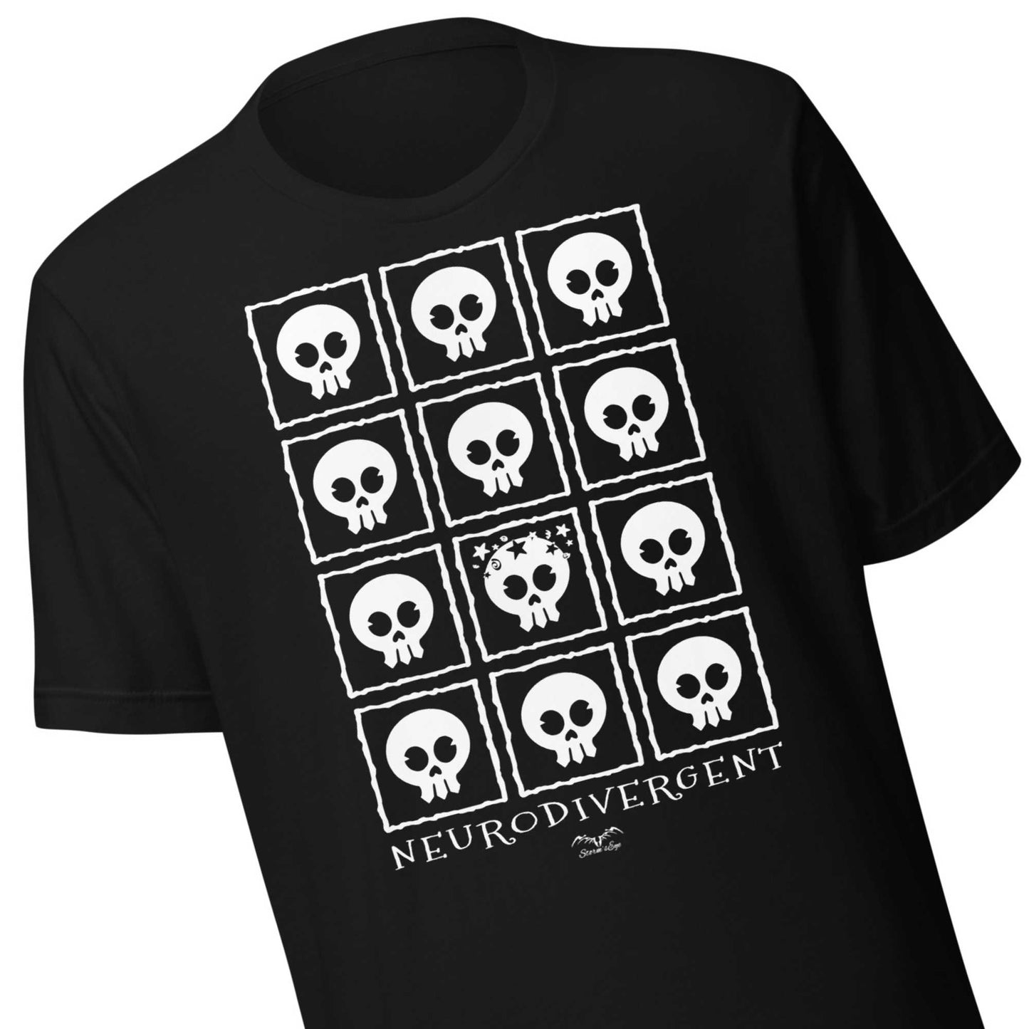 Neurodivergent skulls T-shirt by Stormseye, black, zoom view