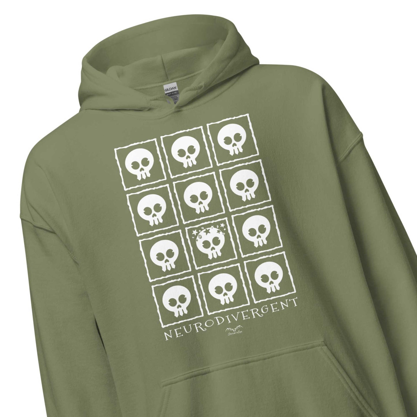 Neurodivergent Skulls Hoodie by Stormseye Design, army green zoom view