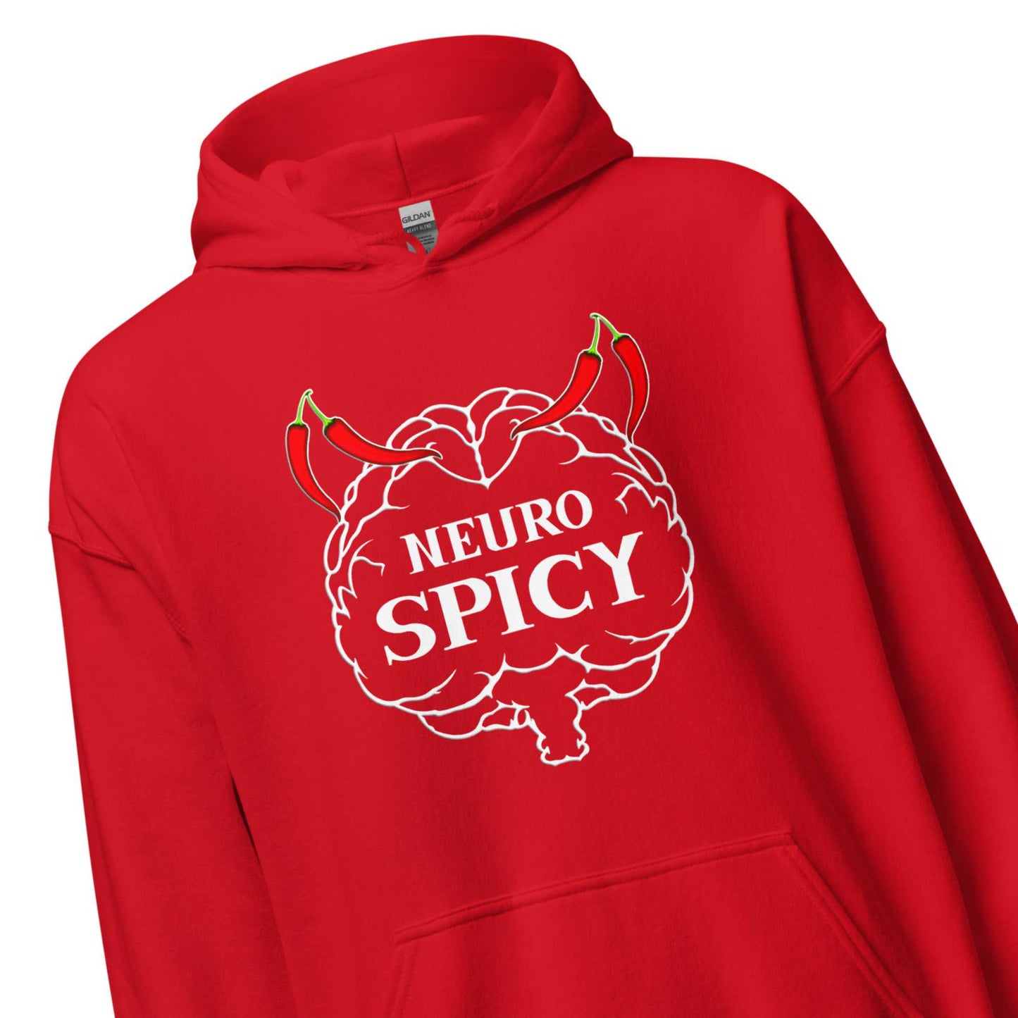 Neuro spicy hoodie by Stormseye, bright red, zoom view