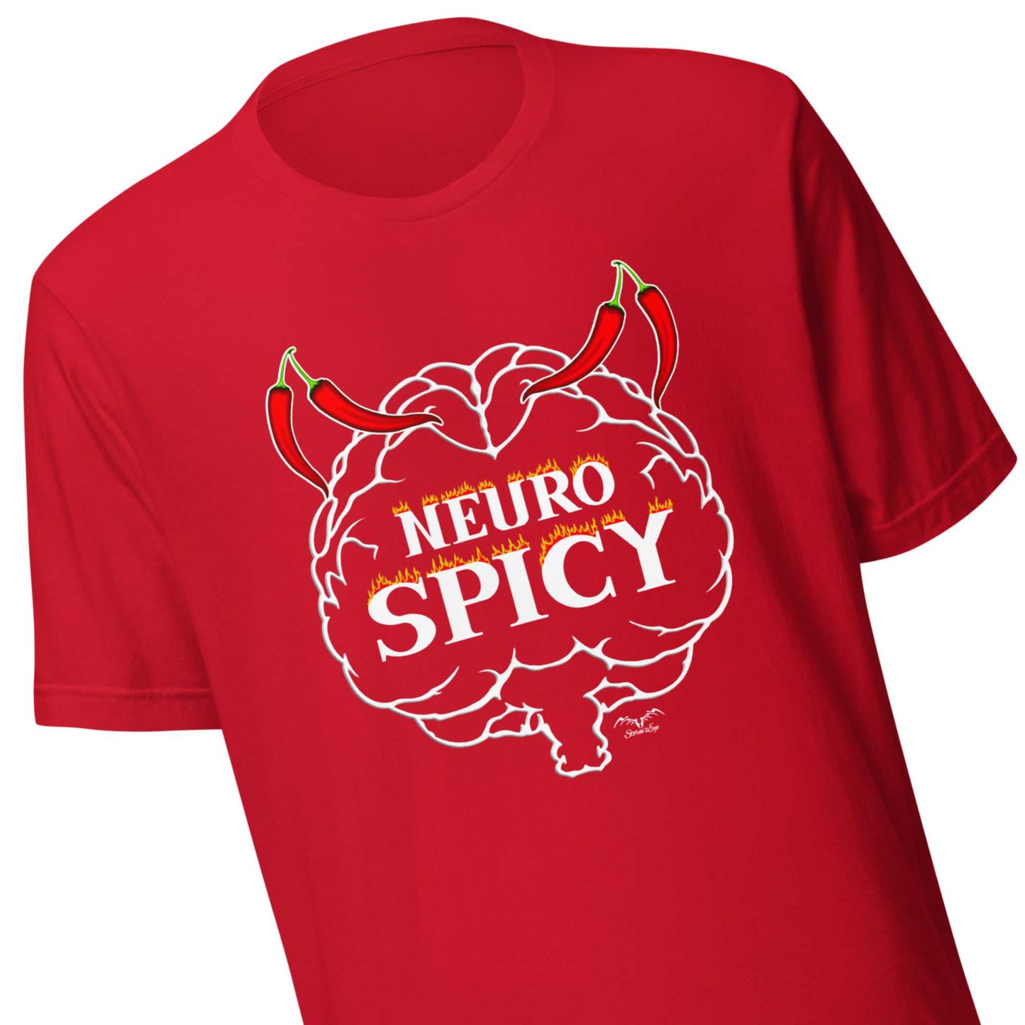 Neuro Spicy neurodiversity shirt by Stormseye. Bright red, zoom view
