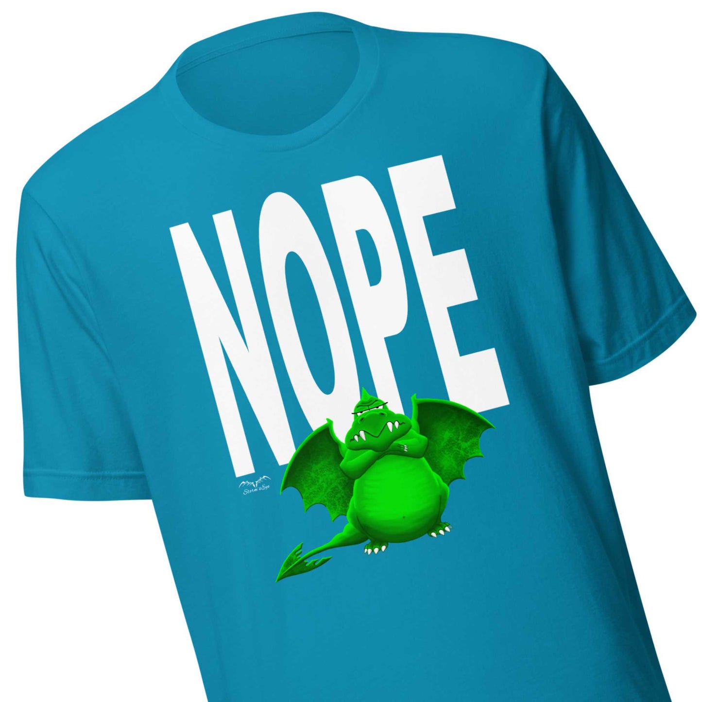 Nope Dragon T-shirt by Stormseye, bright blue, zoom view