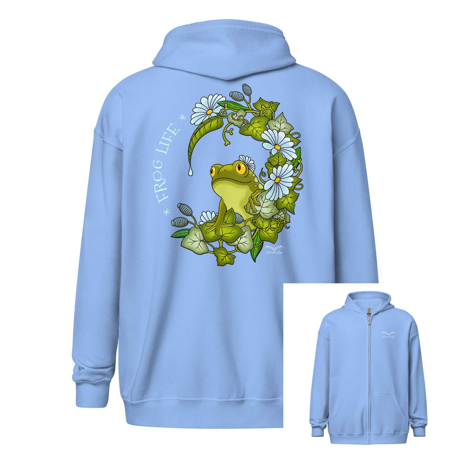 stormseye design frog life back print hoodie flat view pale blue