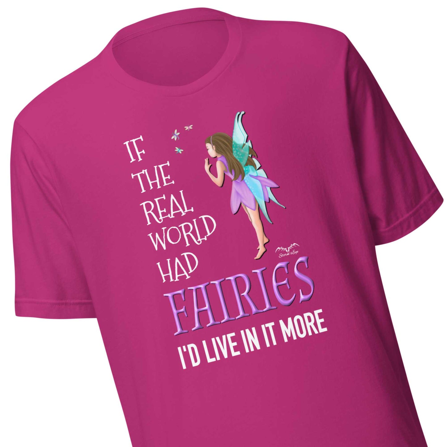 stormseye design real fairies T shirt, zoomed view bright pink