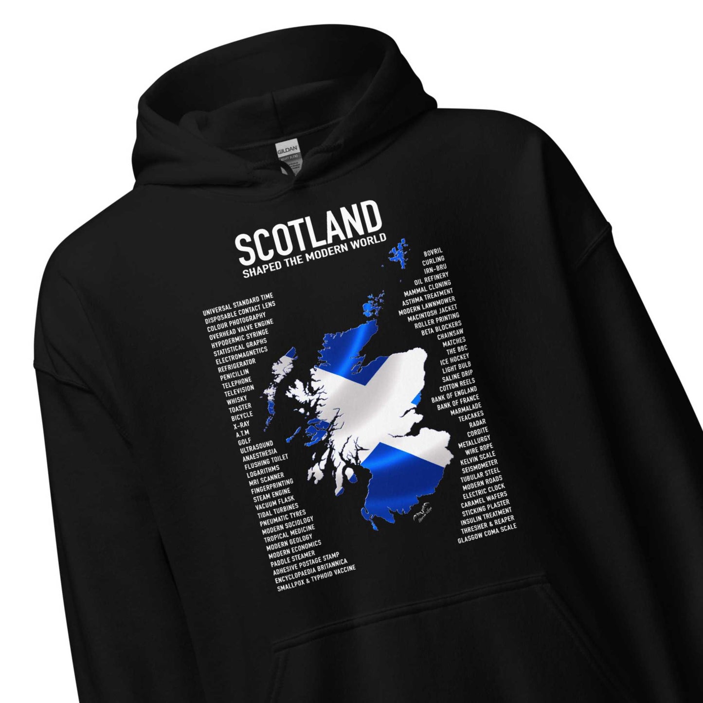 scotland inventions hoodie by Stormseye Design, black, zoom view
