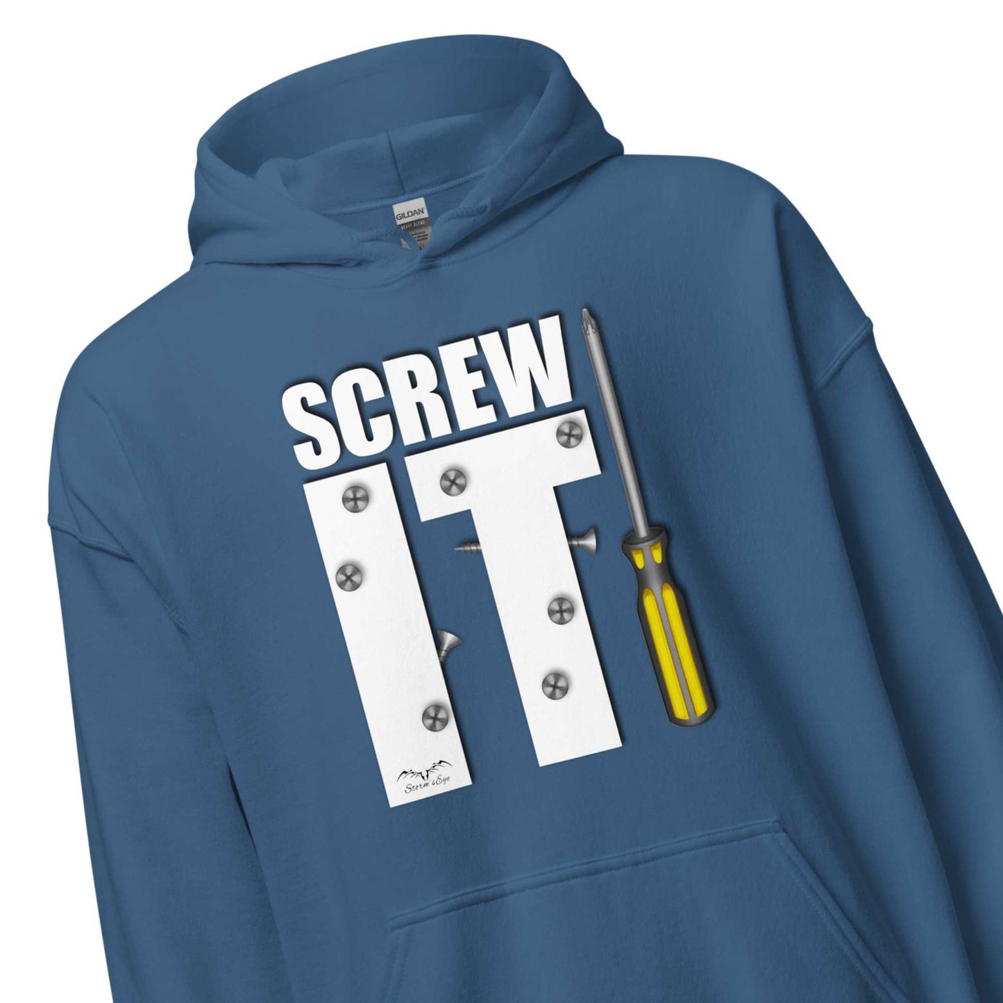 Funny Screw It DIY Lover hoodie, blue, by Stormseye Design, zoom view