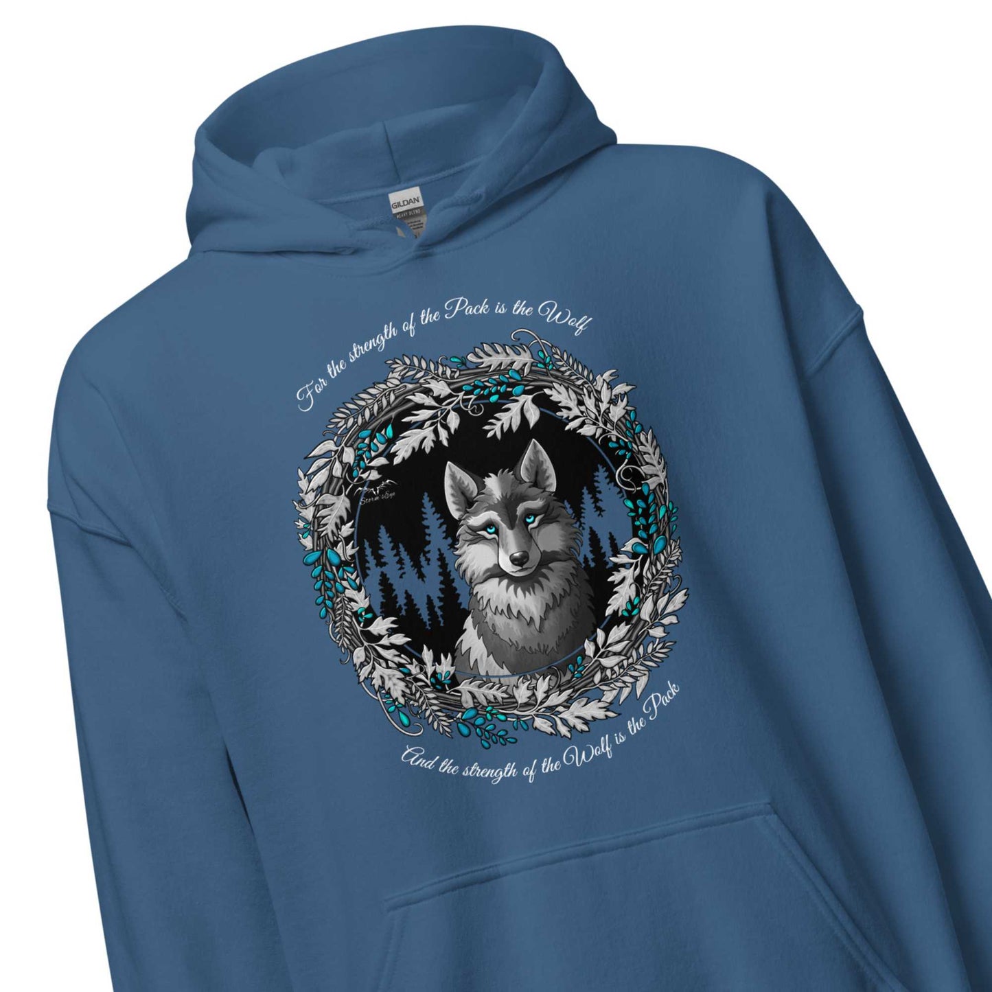 stormseye design silver winter wolf hoodie detail view blue