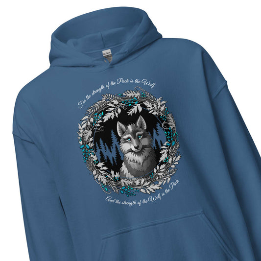 stormseye design silver winter wolf hoodie detail view blue