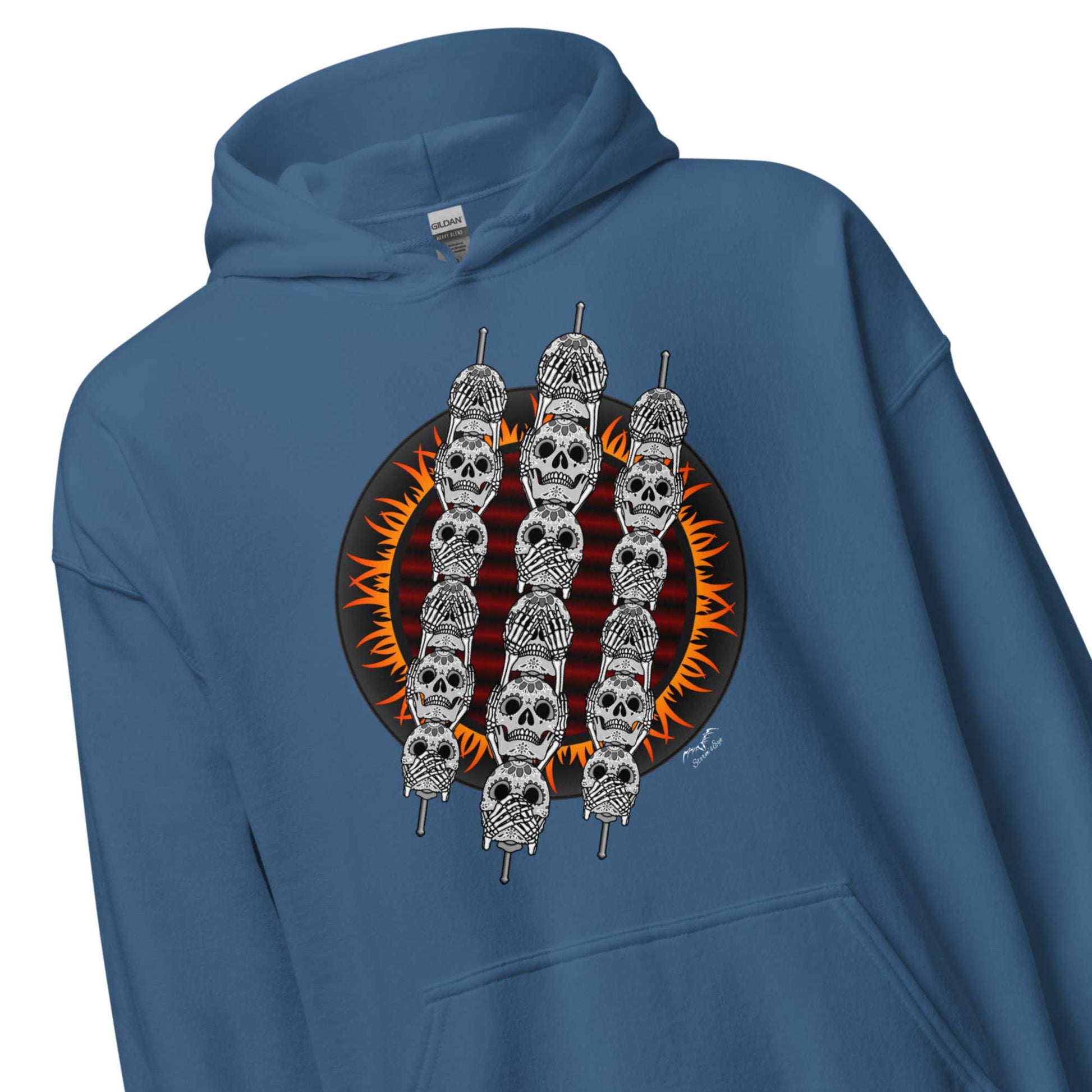 stormseye design skewer skulls BBQ hoodie detail view blue
