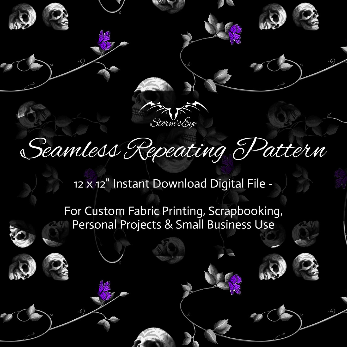 Gothic Skulls Silver Seamless Repeat Pattern | Sugar Skulls & Snakes | Instant Digital Download
