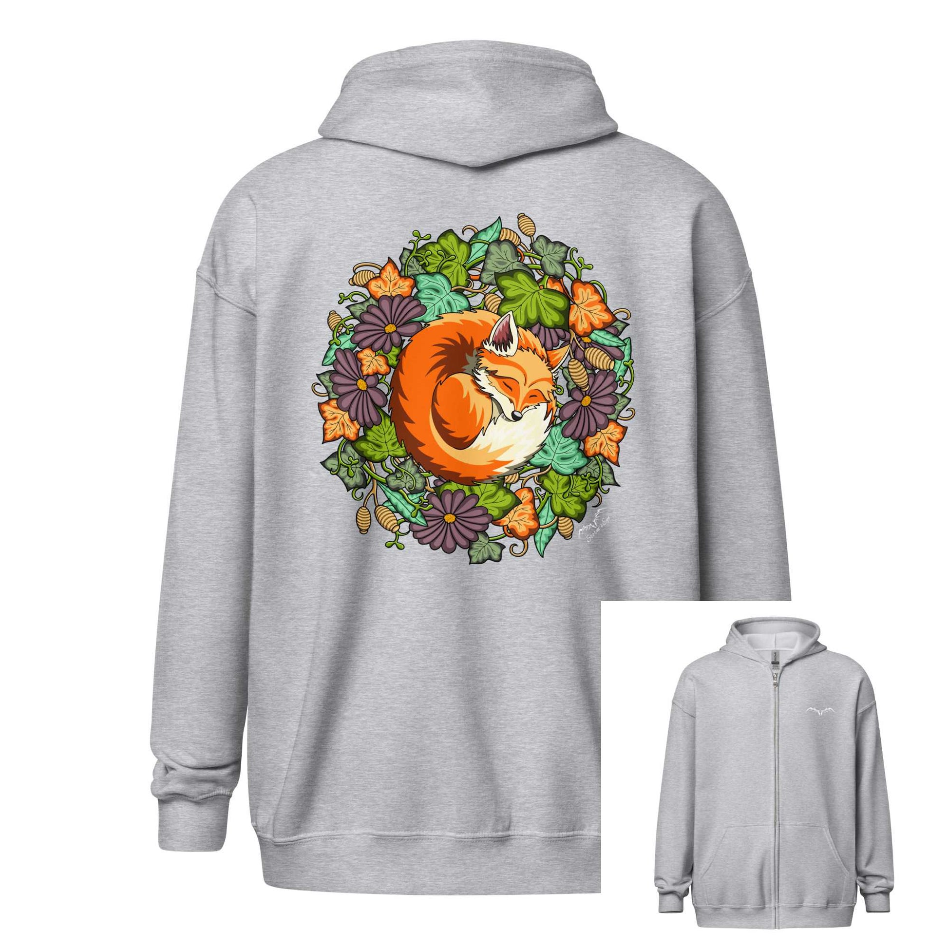 sleeping fox zip hoodie by stormseye design, sports grey, inset view