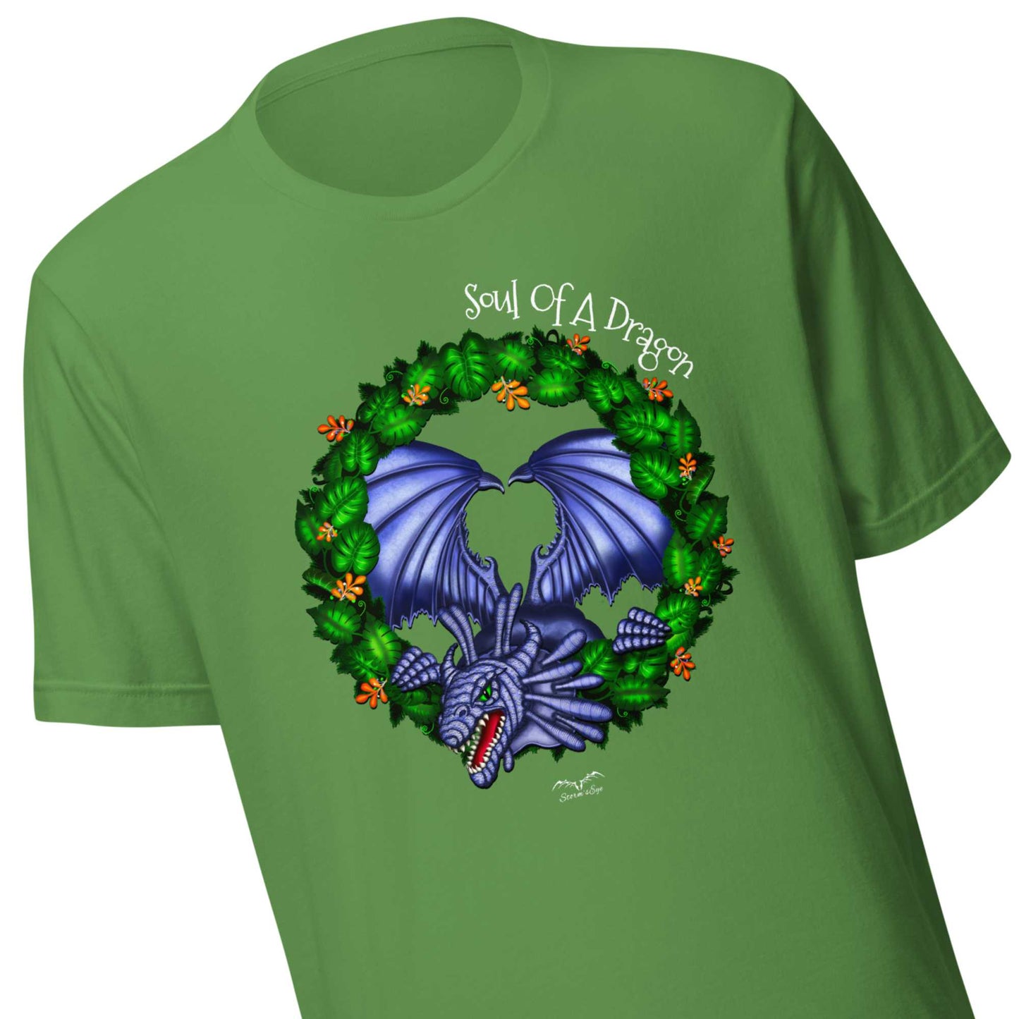stormseye design soul of a dragon fantasy T shirt, zoomed view bright green