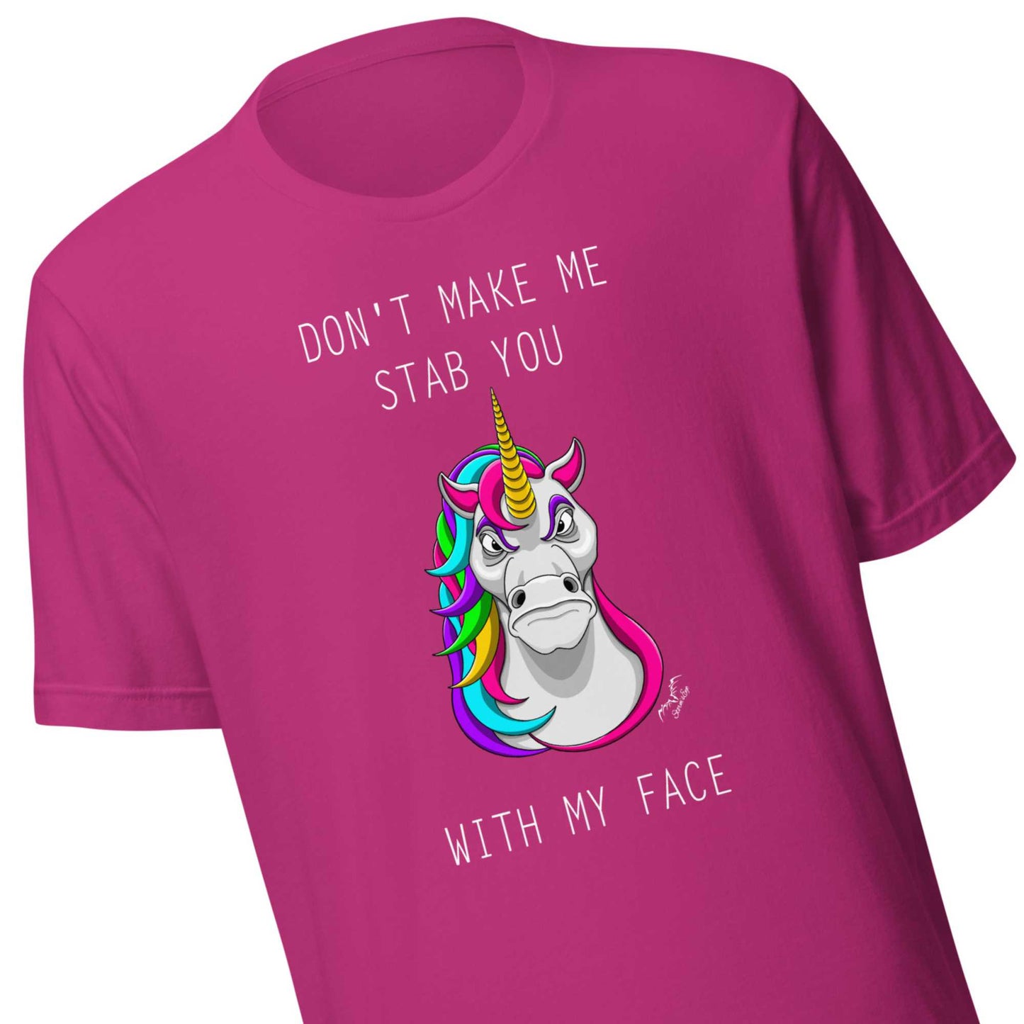 Stabby Unicorn T-shirt by Stormseye, hot pink, zoom view
