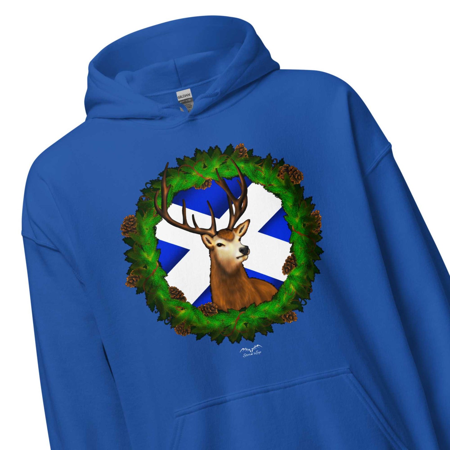 stag and saltire scotland Hoodie by Stormseye Design, royal blue, zoom view