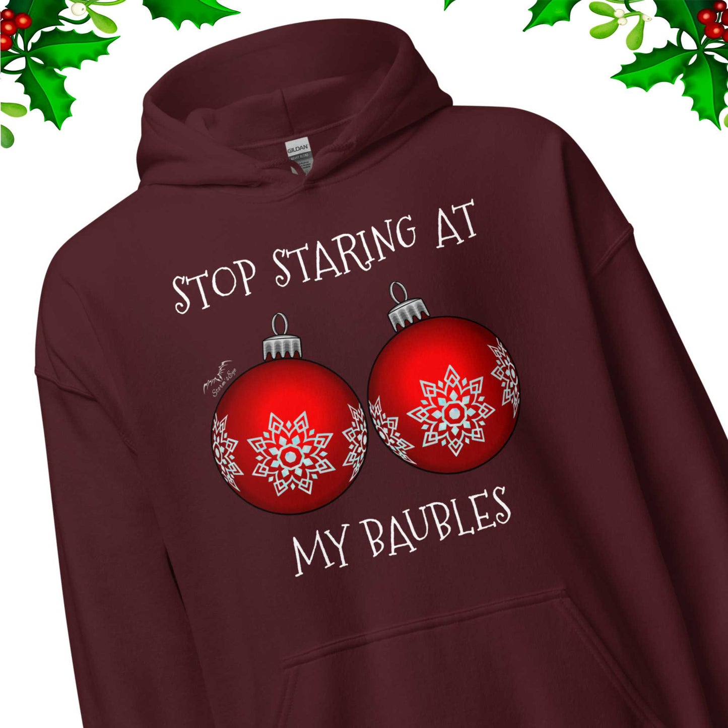 stormseye design stop staring funny christmas hoodie detail view maroon