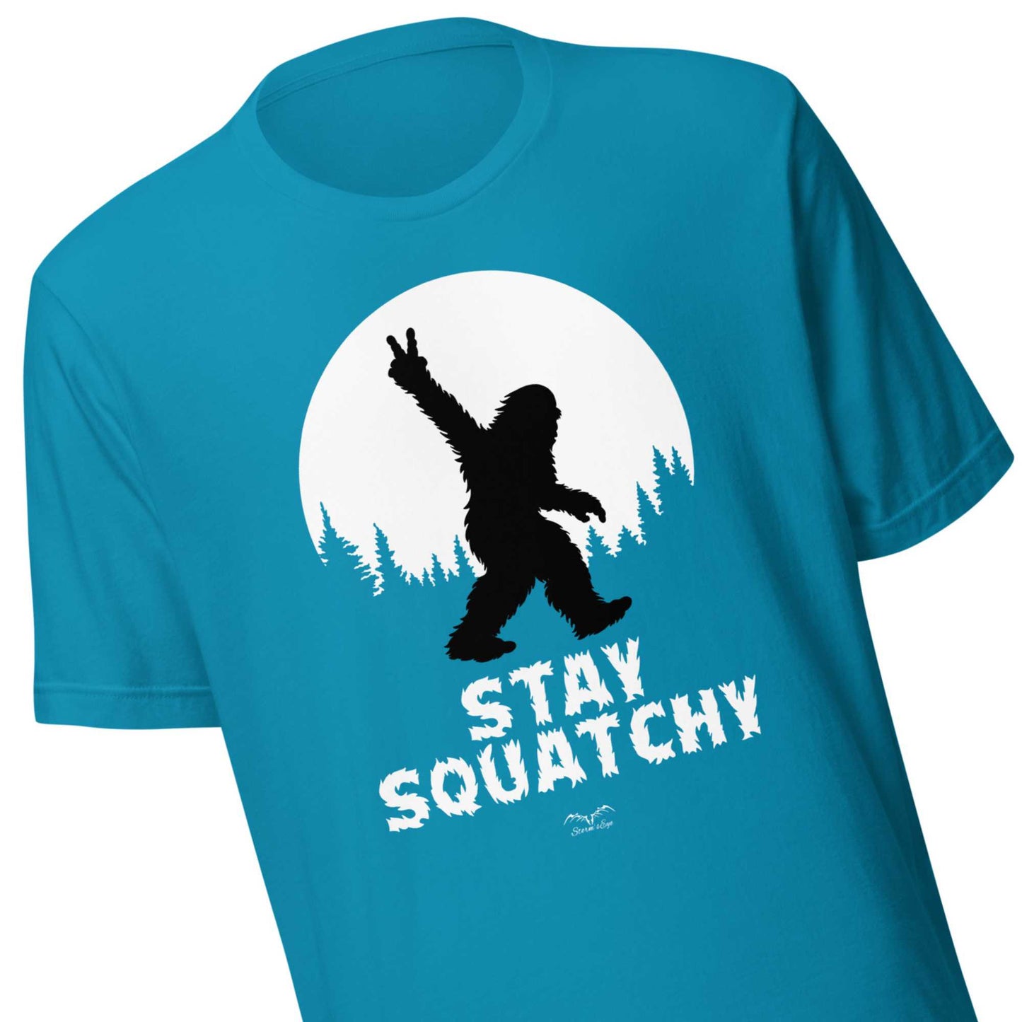 Stay Squatchy Bigfoot shirt by Stormseye, bright blue, zoom view