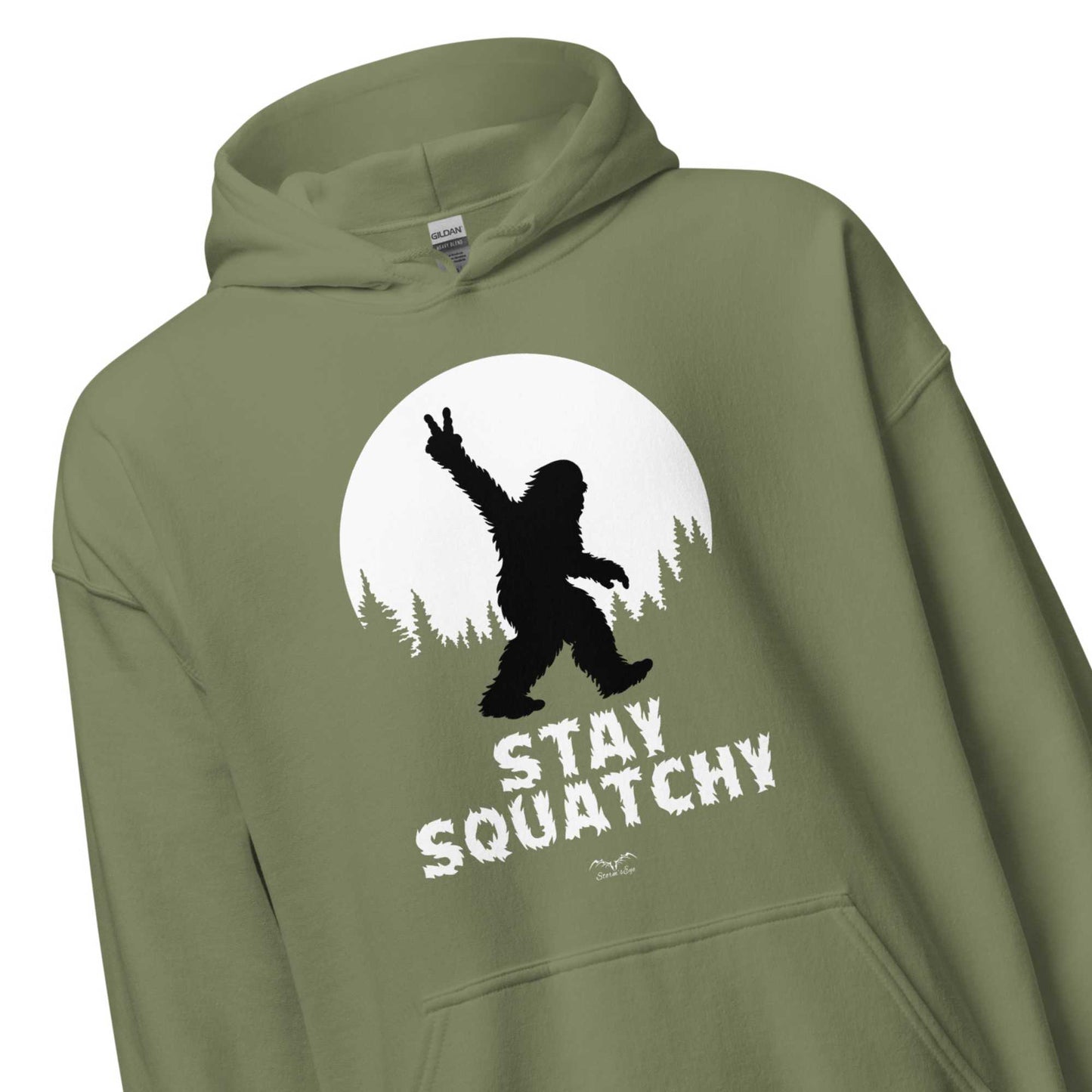 sasquatch bigfoot hoodie by stormseye design, army green, zoom view