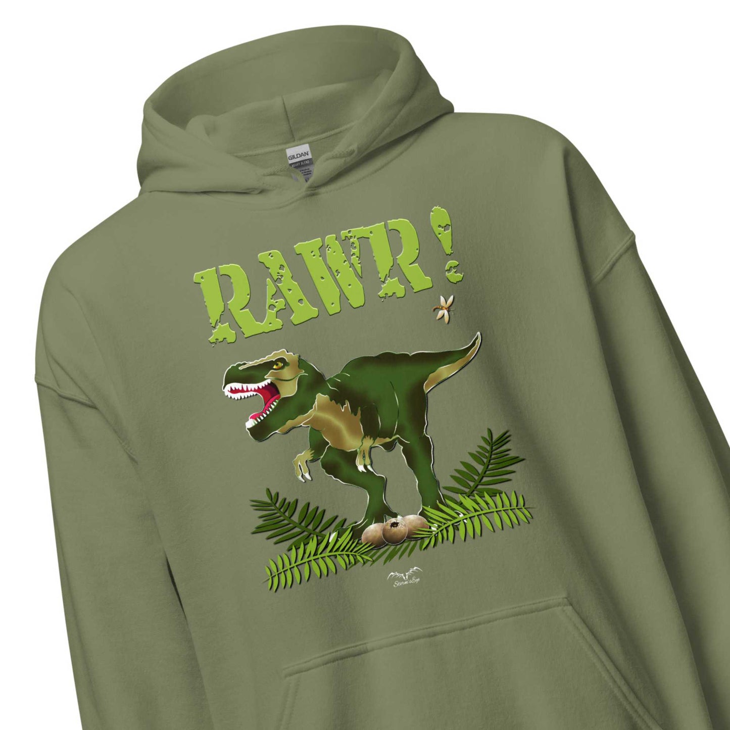 t rex dinosaur hoodie by stormseye design, army green, zoom view