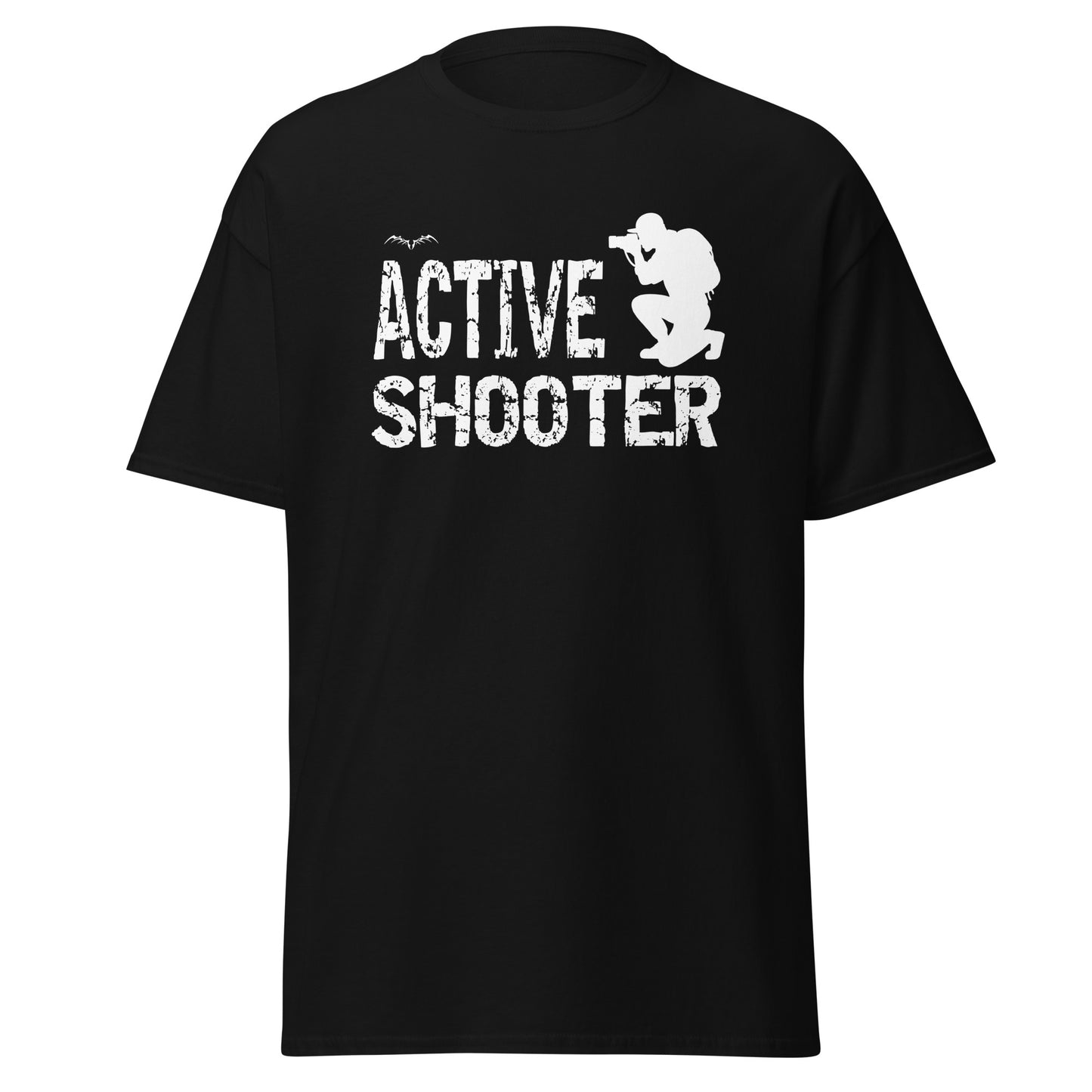 stormseye design active shooter t-shirt, flat view, black
