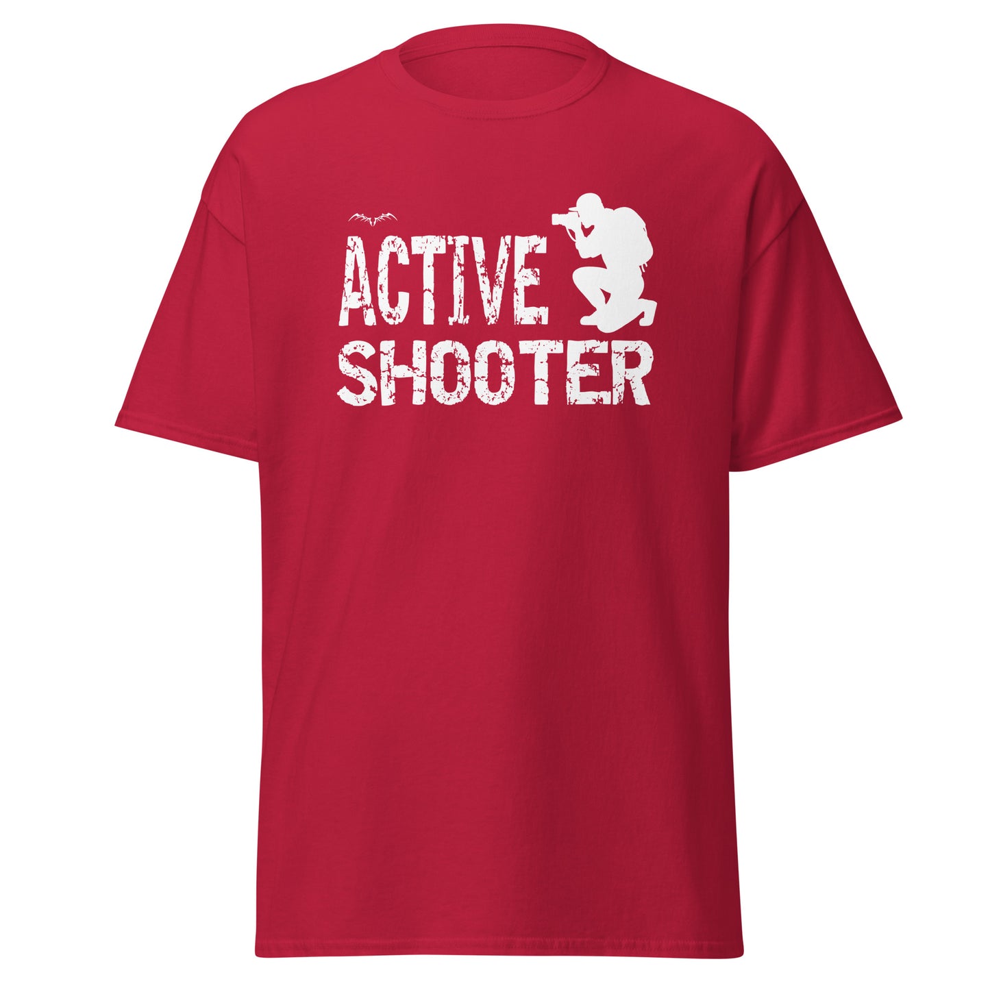 stormseye design active shooter t-shirt, flat view, red