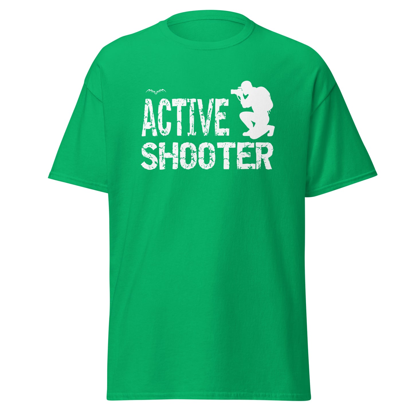 stormseye design active shooter t-shirt, flat view, irish green
