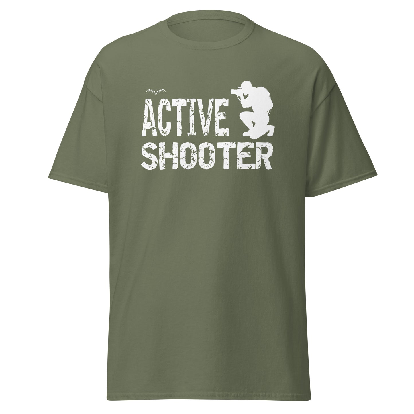 stormseye design active shooter t-shirt, flat view, military green