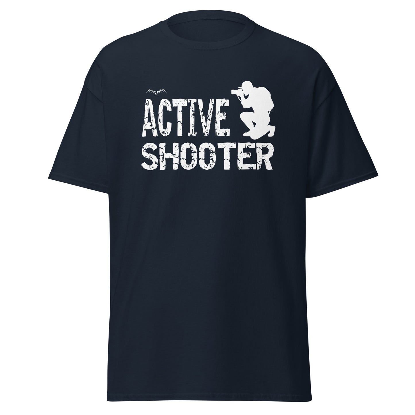 stormseye design active shooter t-shirt, flat view, navy