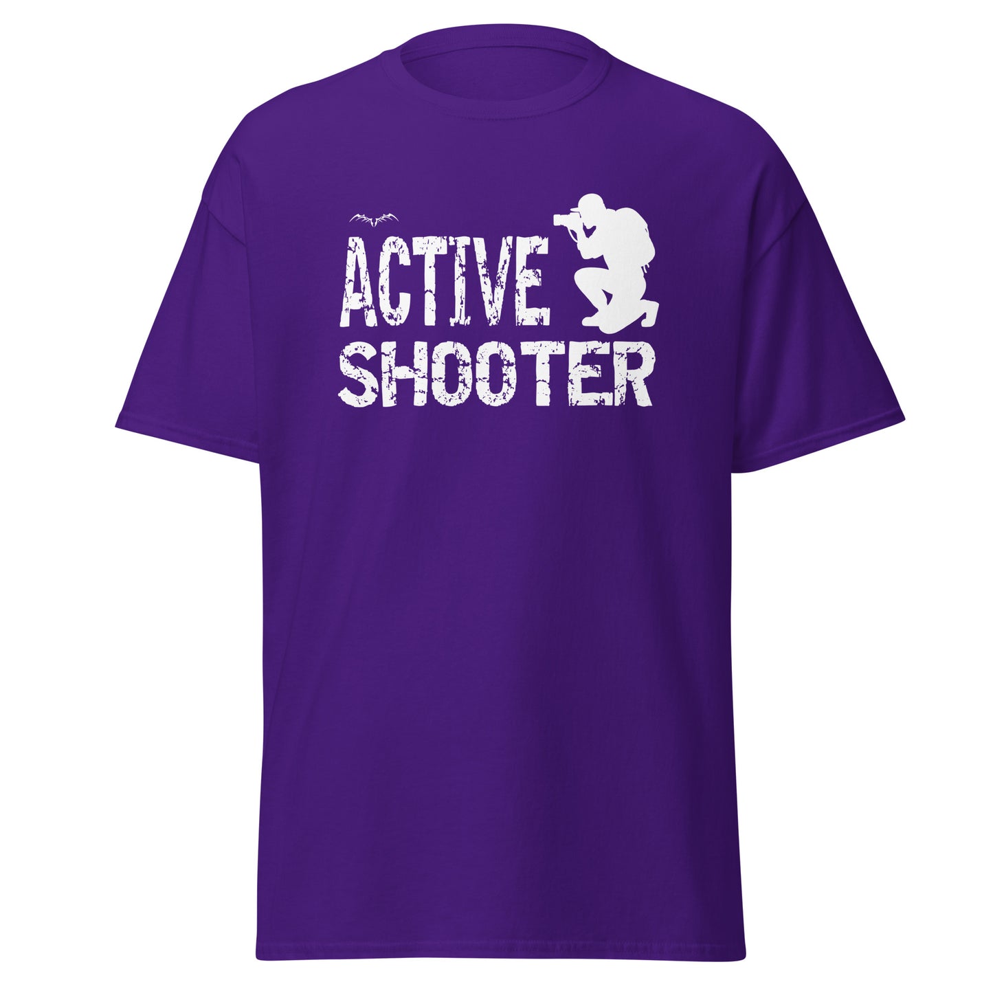 stormseye design active shooter t-shirt, flat view, purple