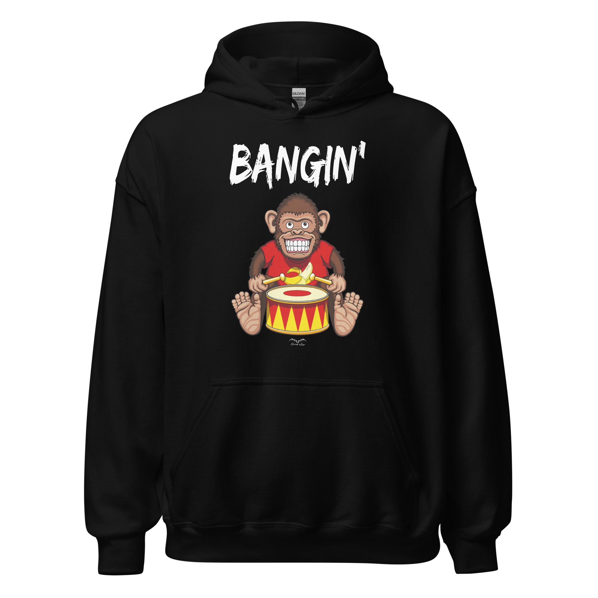 Bangin drummer monkey hoodie, black, by Stormseye Design