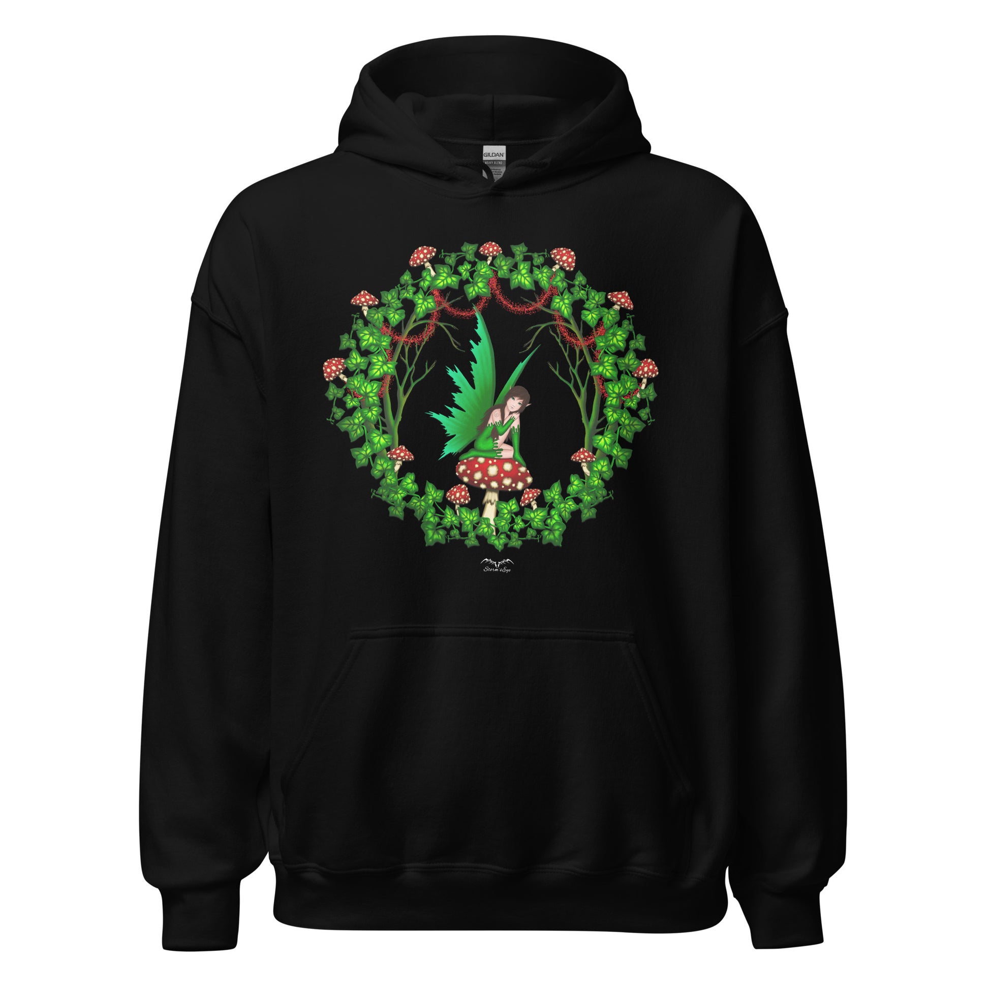 mushroom fairy cottage core hoodie black, by stormseye design