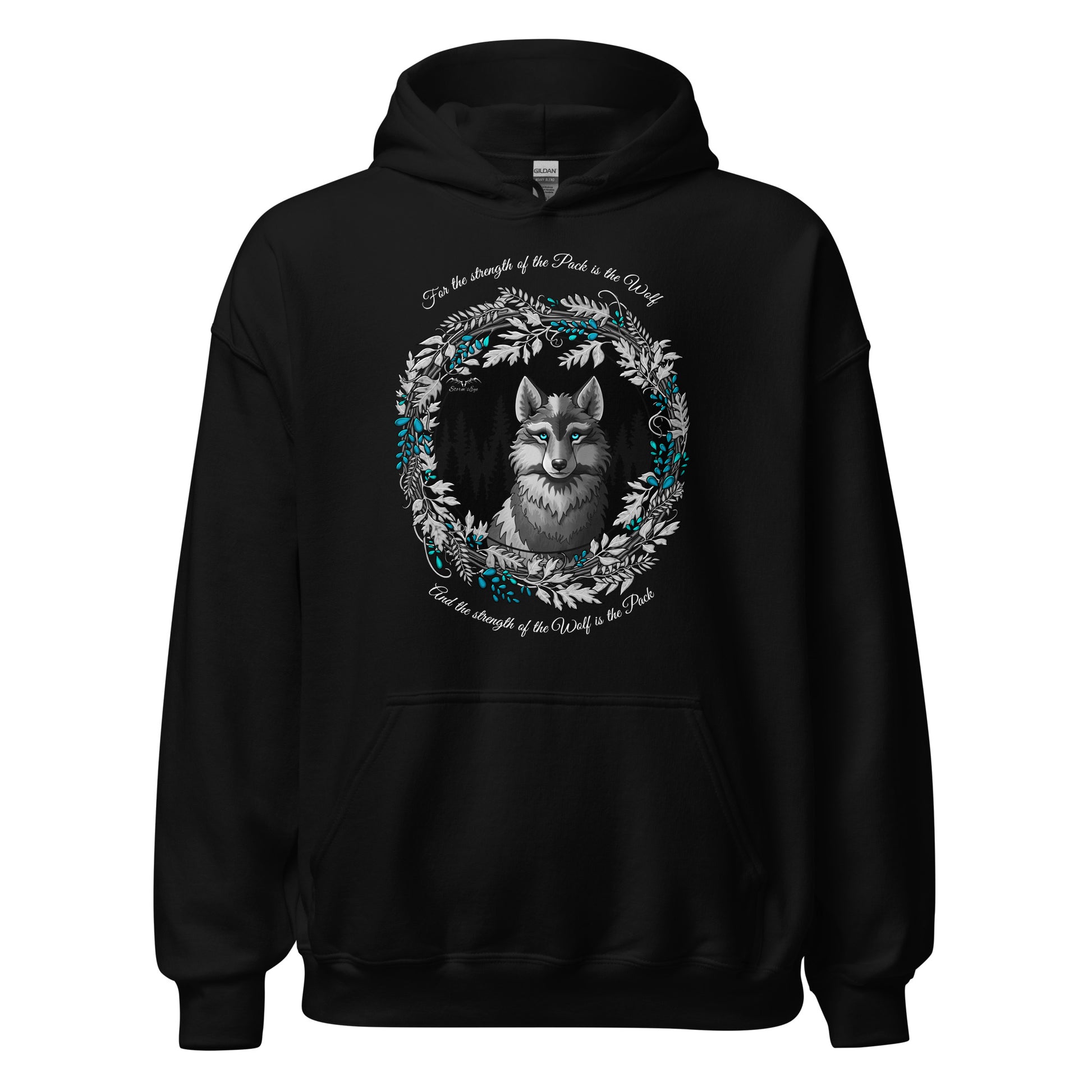 stormseye design silver winter wolf hoodie flat view black