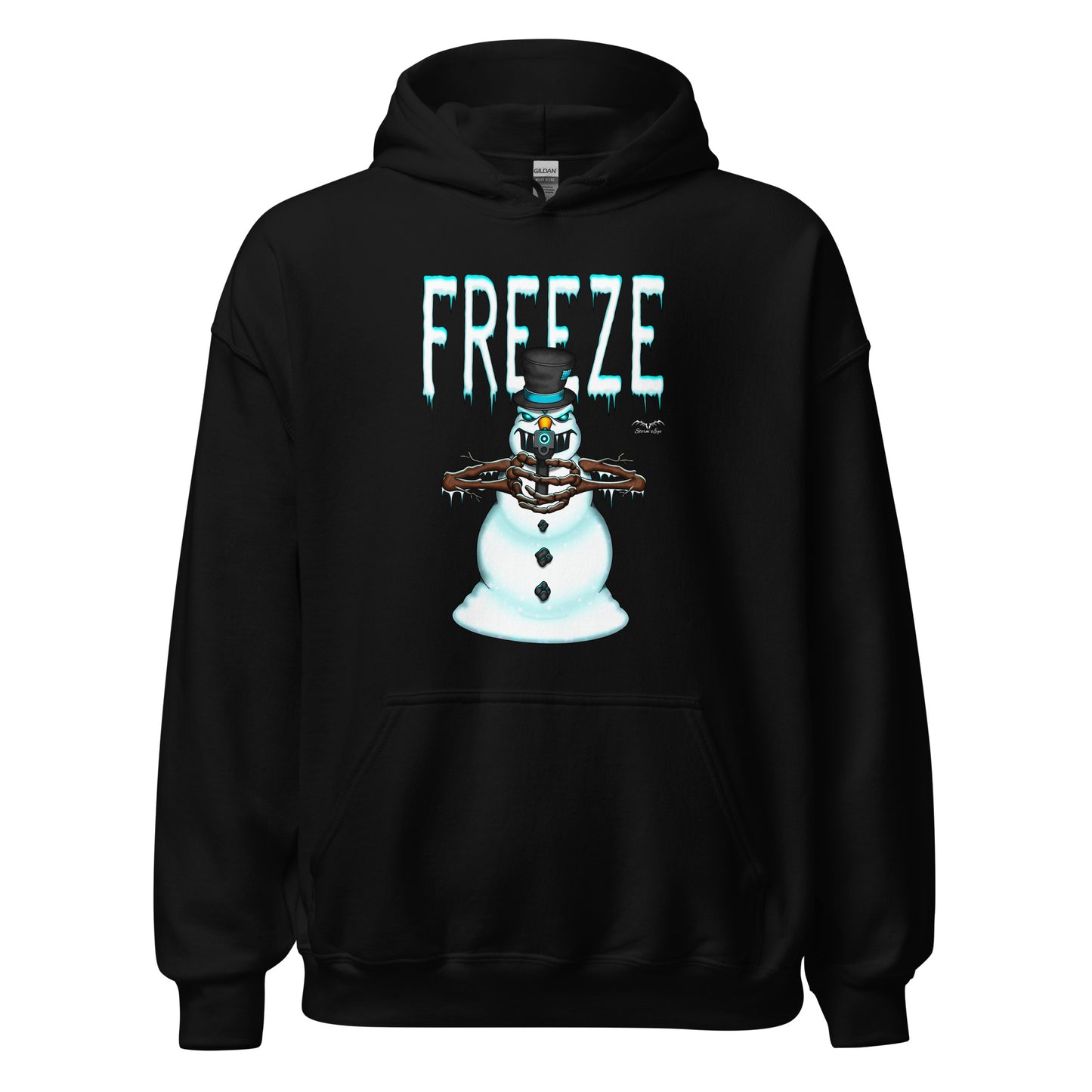 stormseye design mr freeze christmas hoodie flat view black