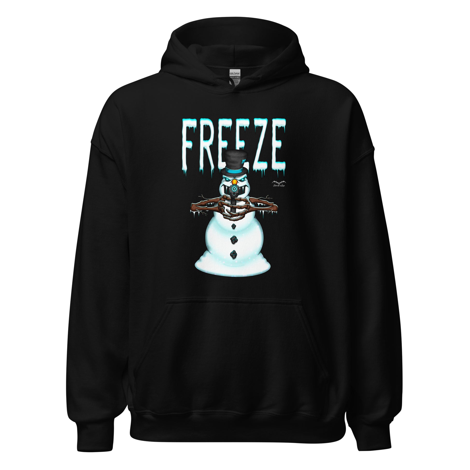stormseye design mr freeze christmas hoodie flat view black