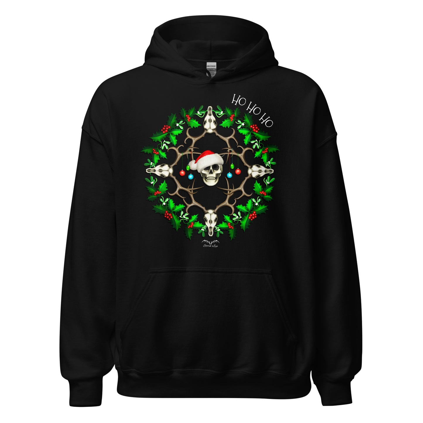 stormseye design festive skulls christmas hoodie flat view black