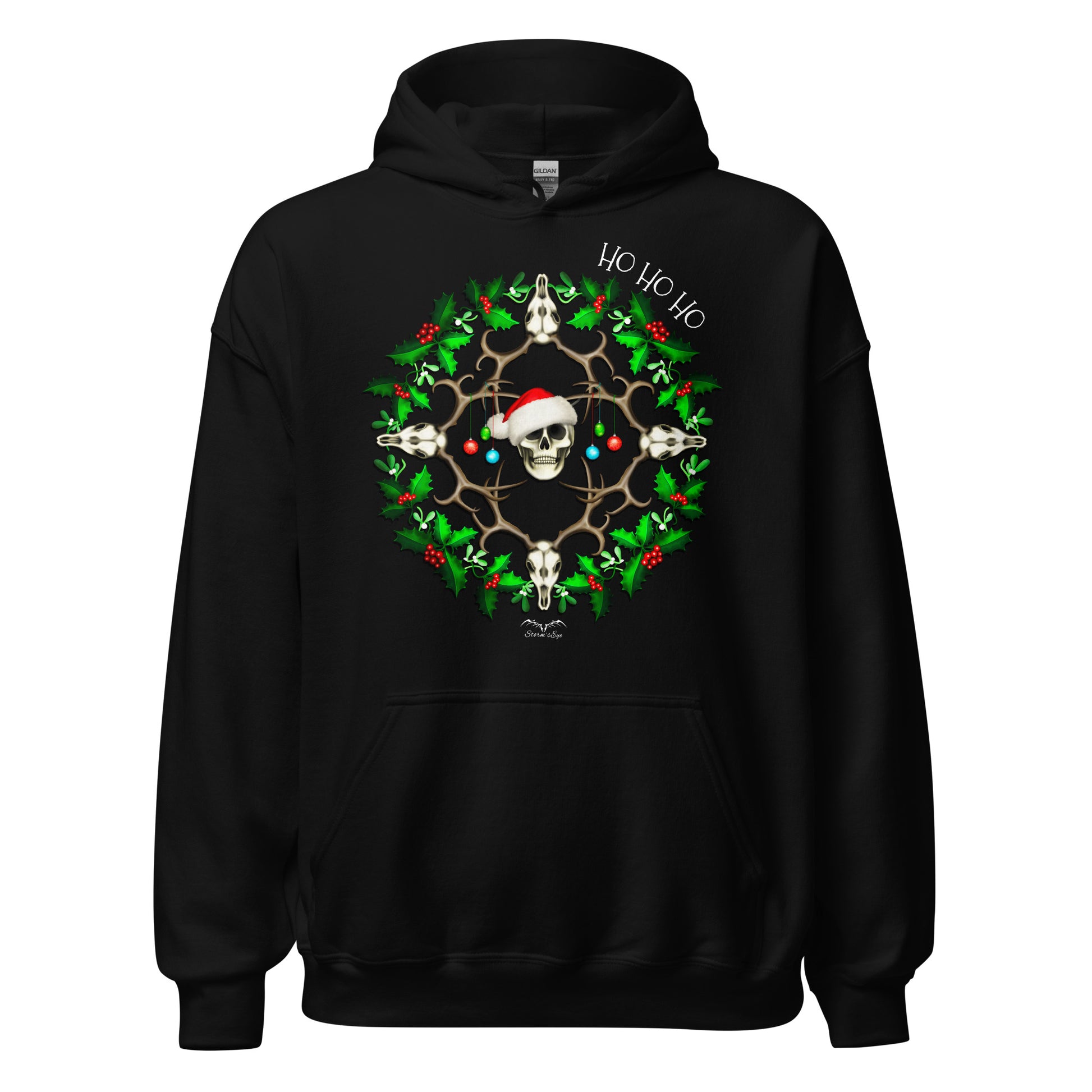 stormseye design festive skulls christmas hoodie flat view black