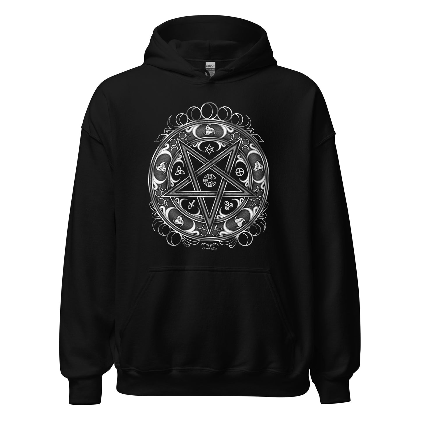 stormseye design witchy occult wheel hoodie flat view black