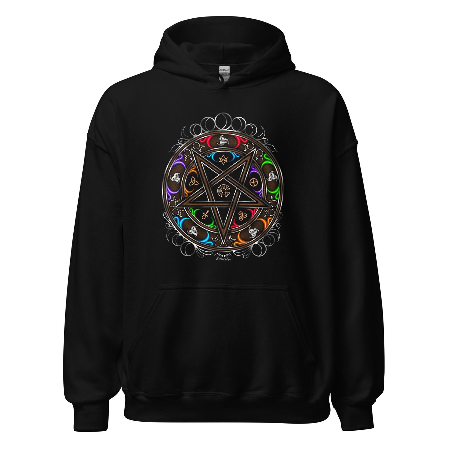 stormseye design witchy occult wheel colour hoodie flat view black