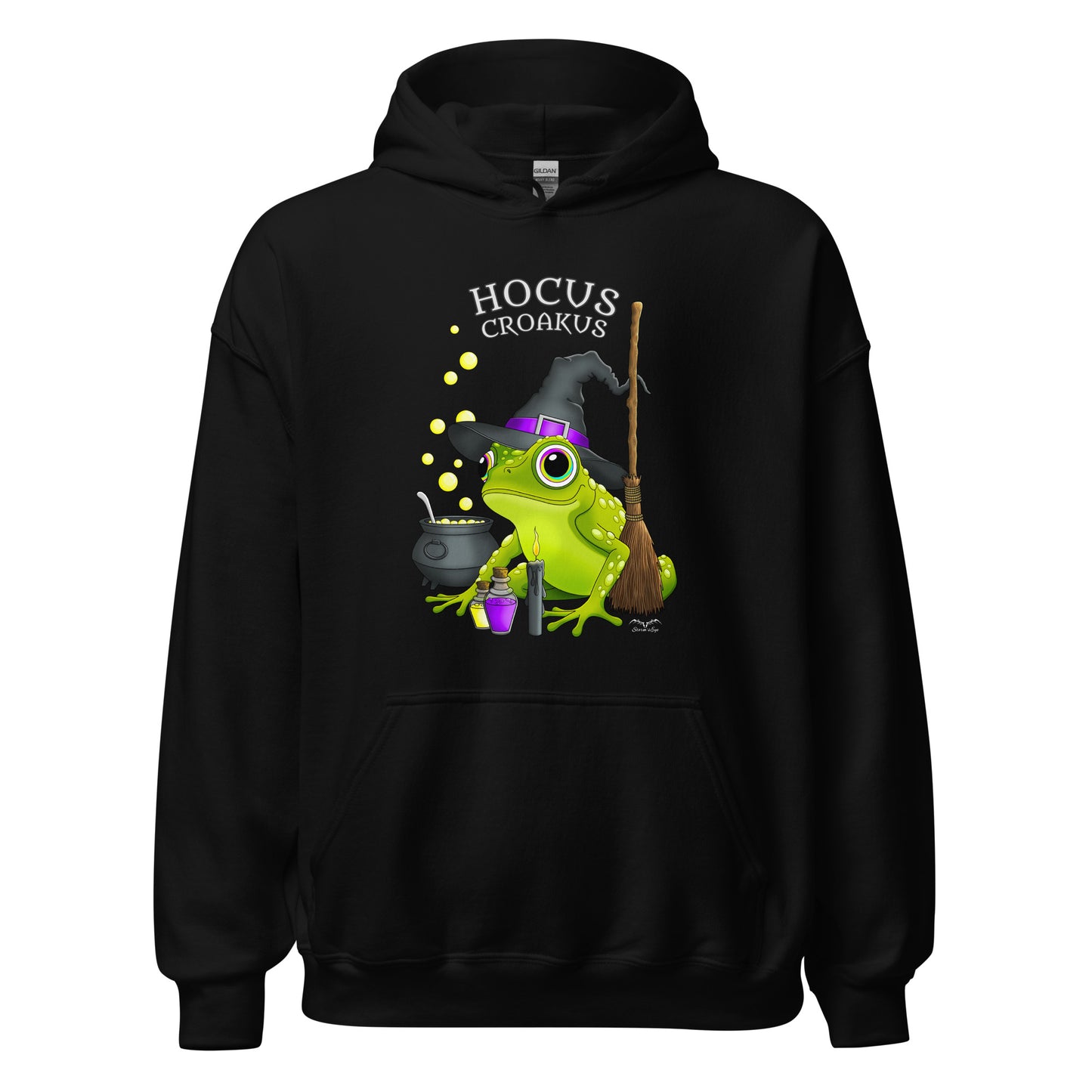 stormseye design witch frog hocus croakus hoodie flat view black