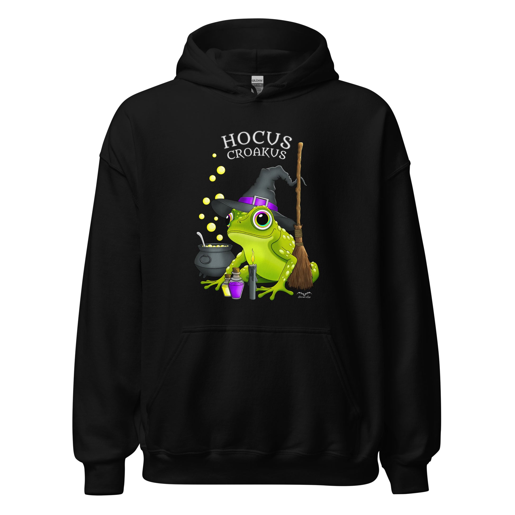 stormseye design witch frog hocus croakus hoodie flat view black