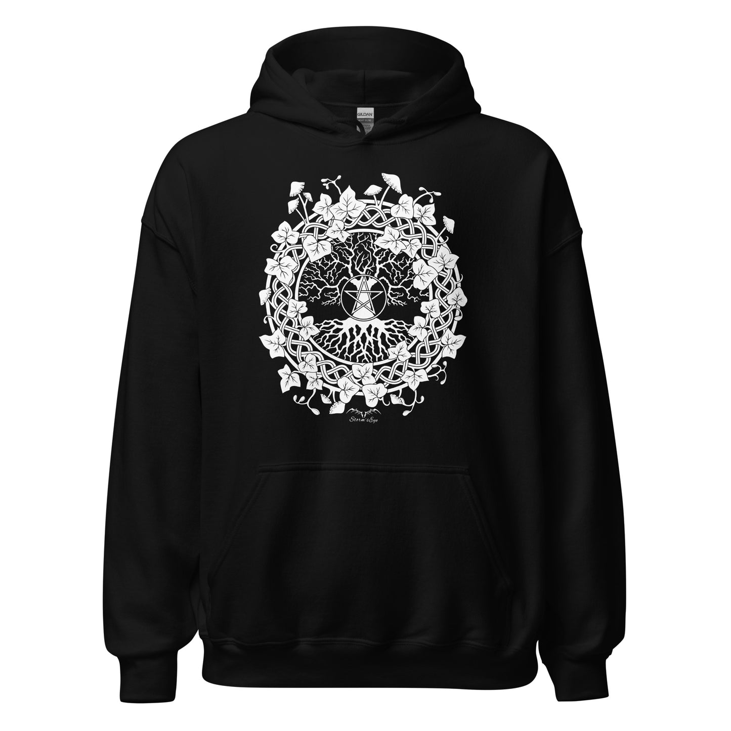 stormseye design pagan tree of life hoodie flat view black