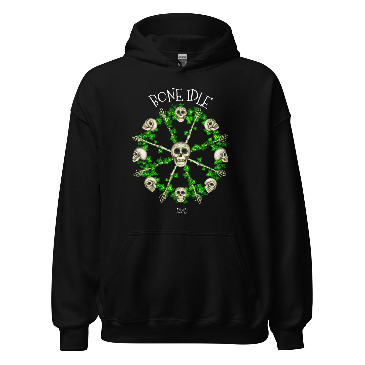 stormseye design bone idle skulls hoodie flat view black