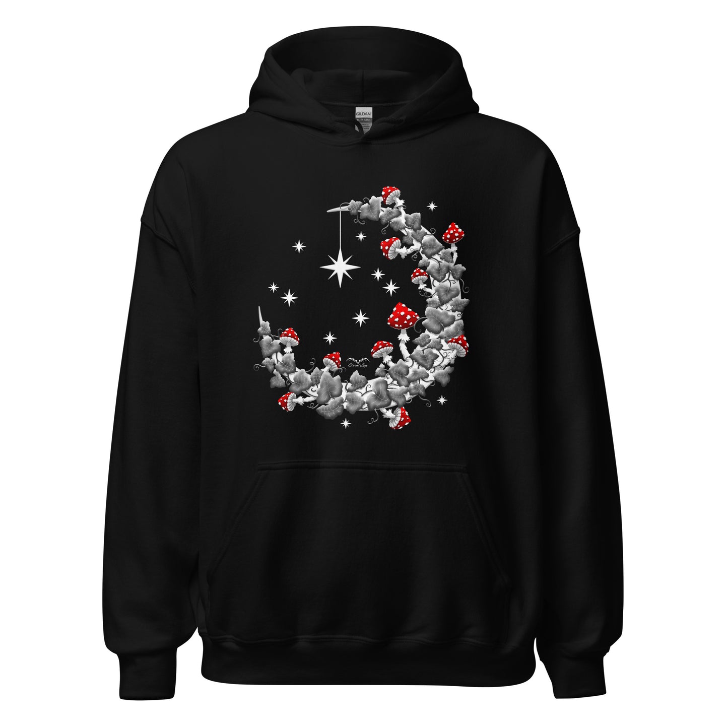 stormseye design mushroom moon hoodie flat view black