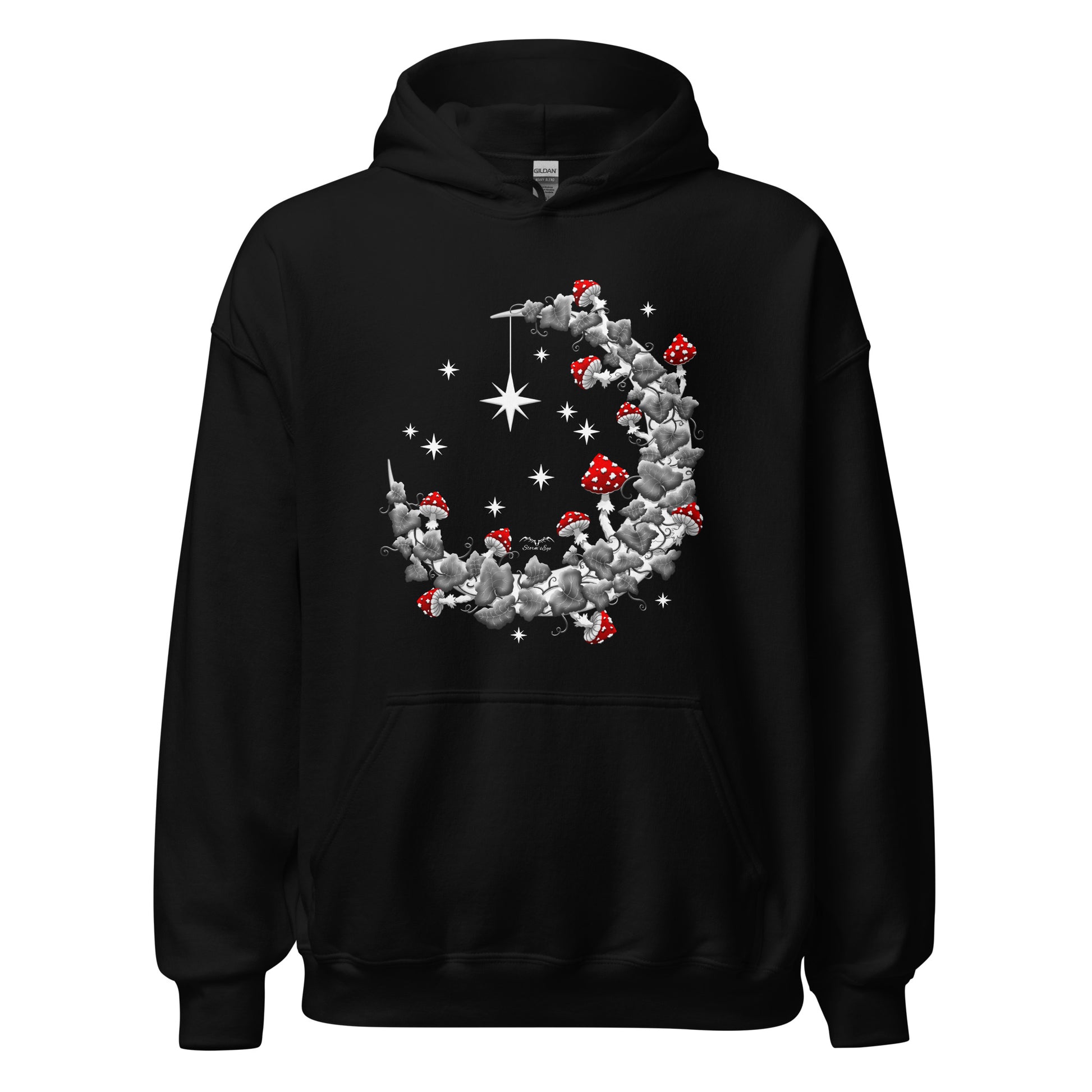 stormseye design mushroom moon hoodie flat view black
