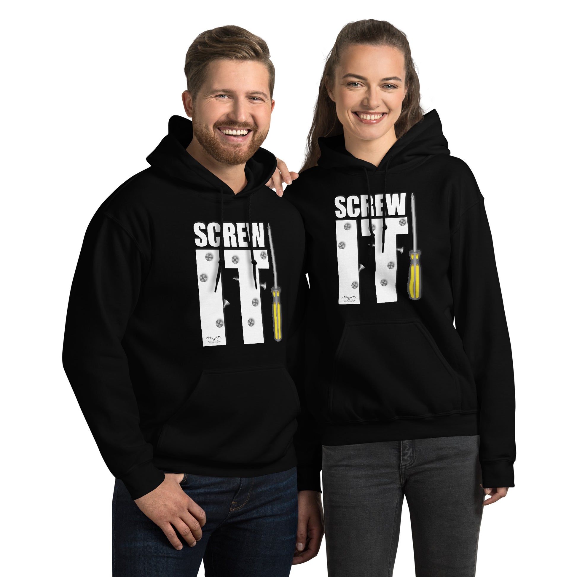 Funny Screw It DIY Lover hoodie, black, by Stormseye Design, modelled view